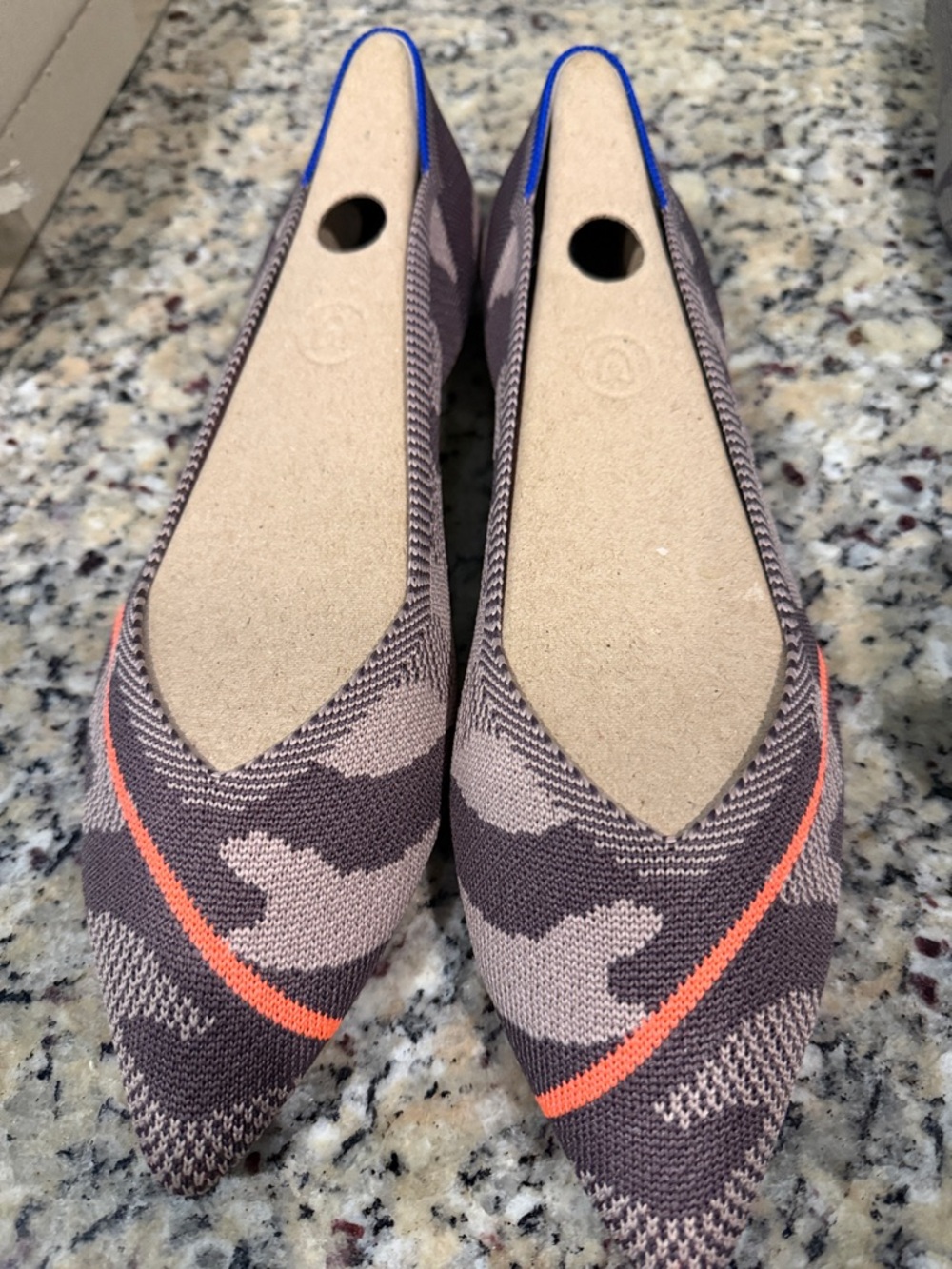 Rothy's Pointed Knit Flats in Taupe with Coral Stripe